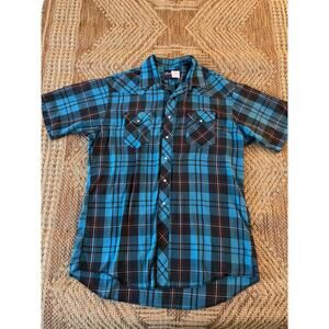 WRANGLER X-long tails 17.5 XL short sleeve metal snap plaid cowboy shirt